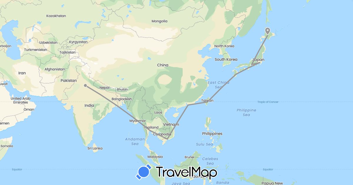 TravelMap itinerary: plane in India, Japan, Thailand (Asia)